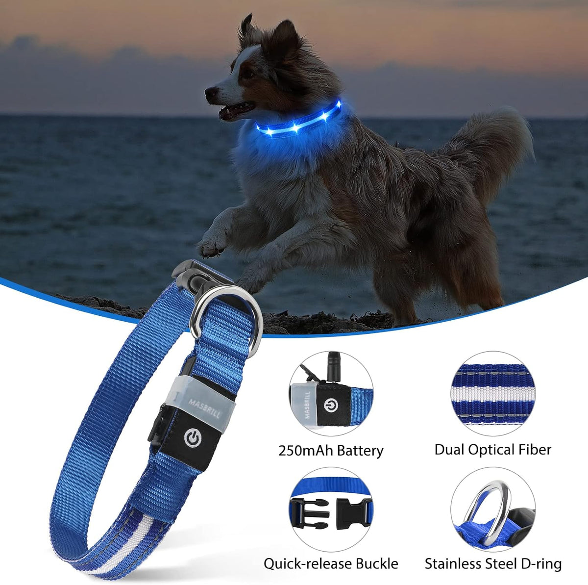 Led Dog Collar - Rechargeable, Water-Resistant, Flashing, Glowing Night Walking Collar